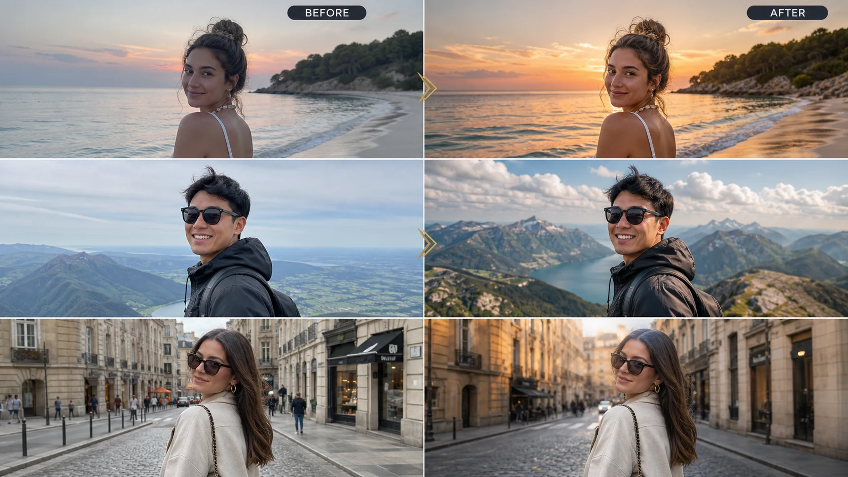 Matched before and after travel photo transformation examples