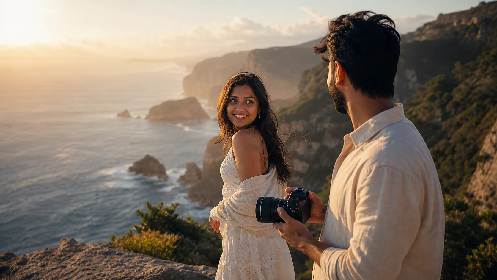Indian travellers creating a beautiful photograph on a coastal trip